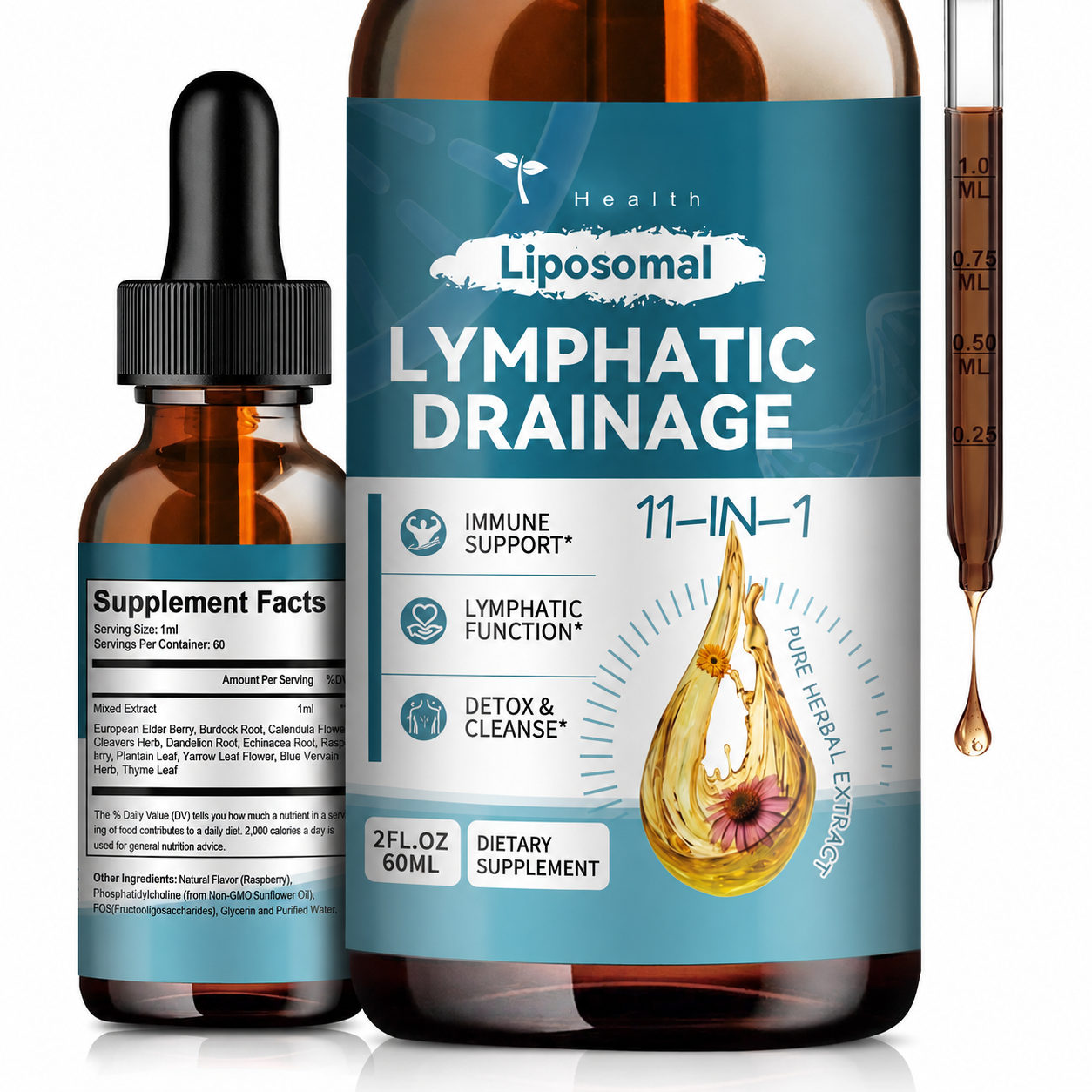 Liposomal Lymphatic Drainage Drops - 11 In 1 Organic Lymphatic Drainage Supplement with Burdock Root, Echinacea, Elderberry, Calendula, Cleavers Herb, Dandelion Supports Lymphatic Health 2 FL.OZ